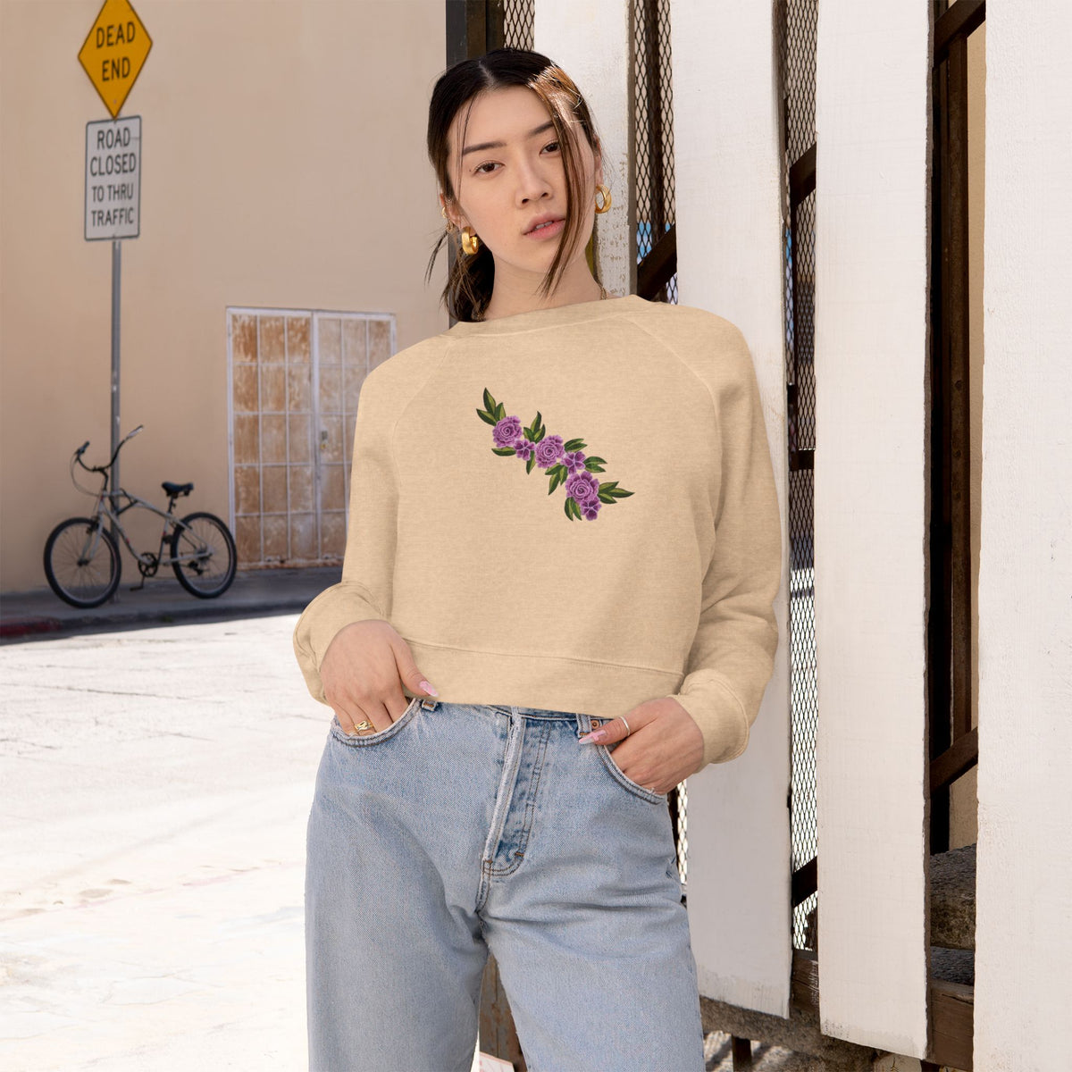 Floral Diagonal Rose Crop Sweatshirt