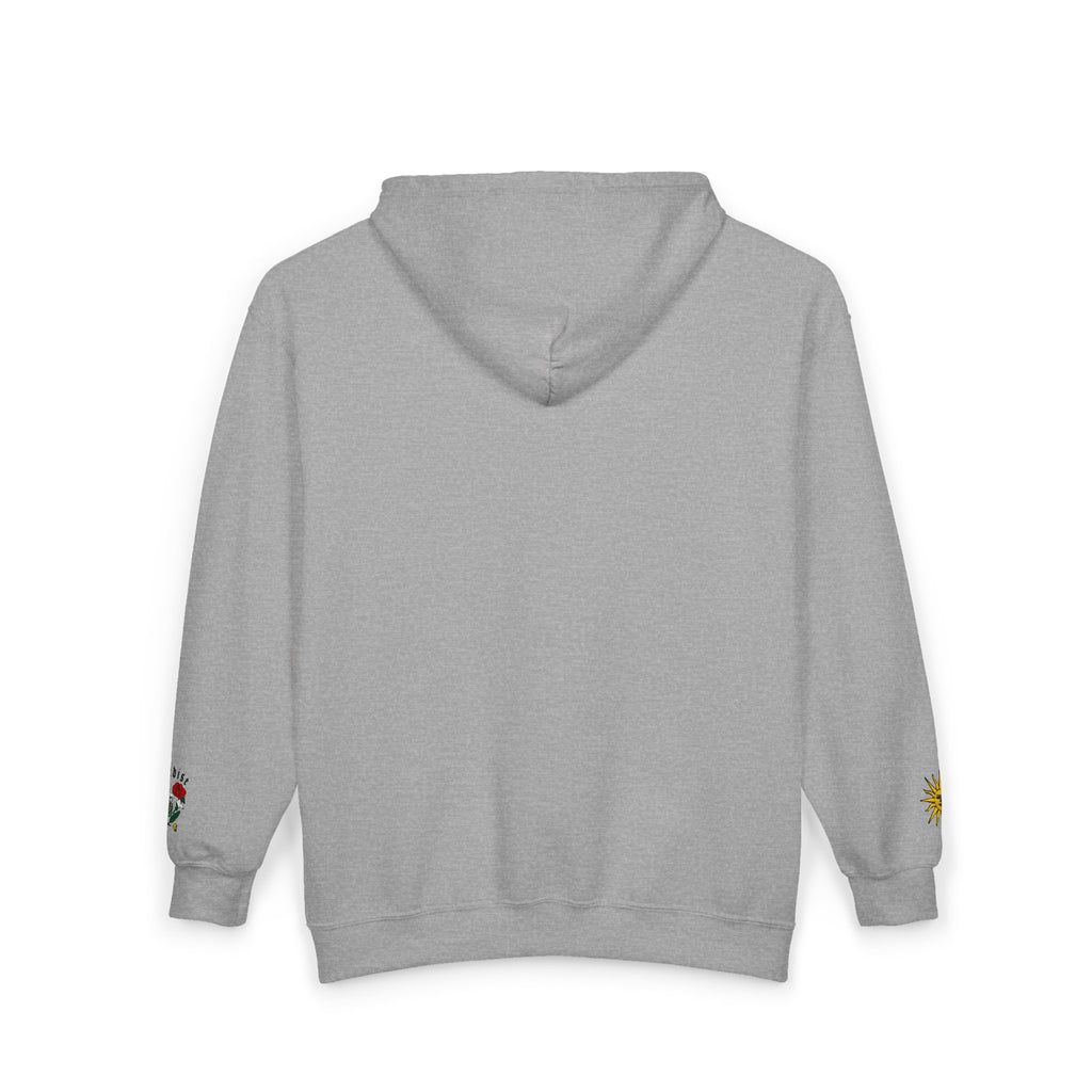 Zip Hoodie with Small Rose & Sun Sleeve Embroidery — Minimal Floral Zip-Up