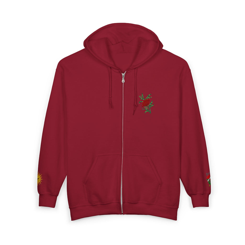 Zip Hoodie with Small Rose & Sun Sleeve Embroidery — Minimal Floral Zip-Up