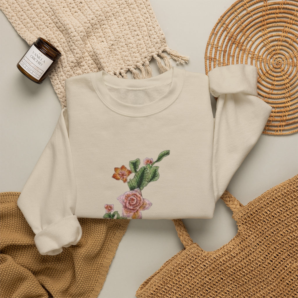 Sun & Rose Crewneck Sweatshirt — Vintage Sun Back Graphic with Floral Front