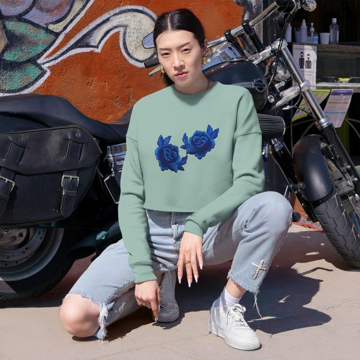 Cropped Sweatshirt — Blue Rose Floral Crop Top