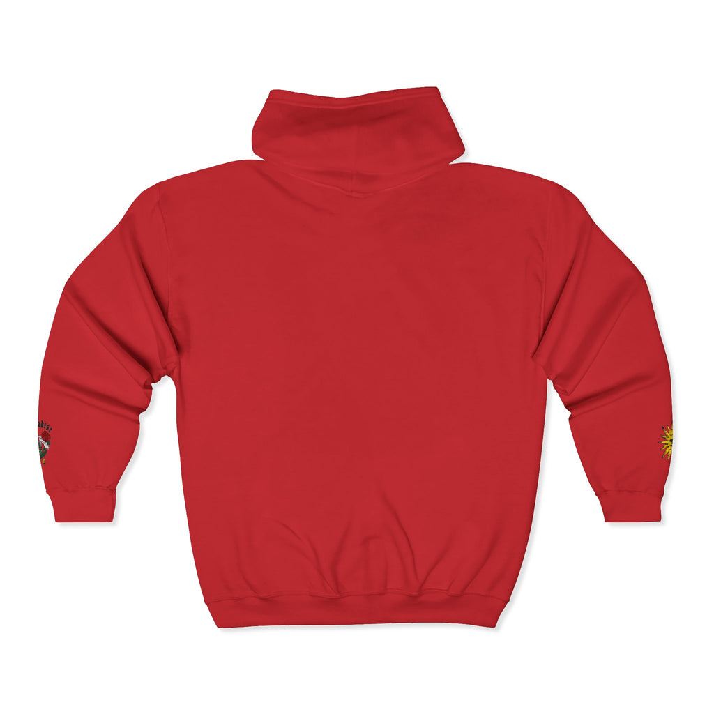 Zip Hoodie with Small Rose & Sun Sleeve Embroidery — Minimal Floral Zip-Up