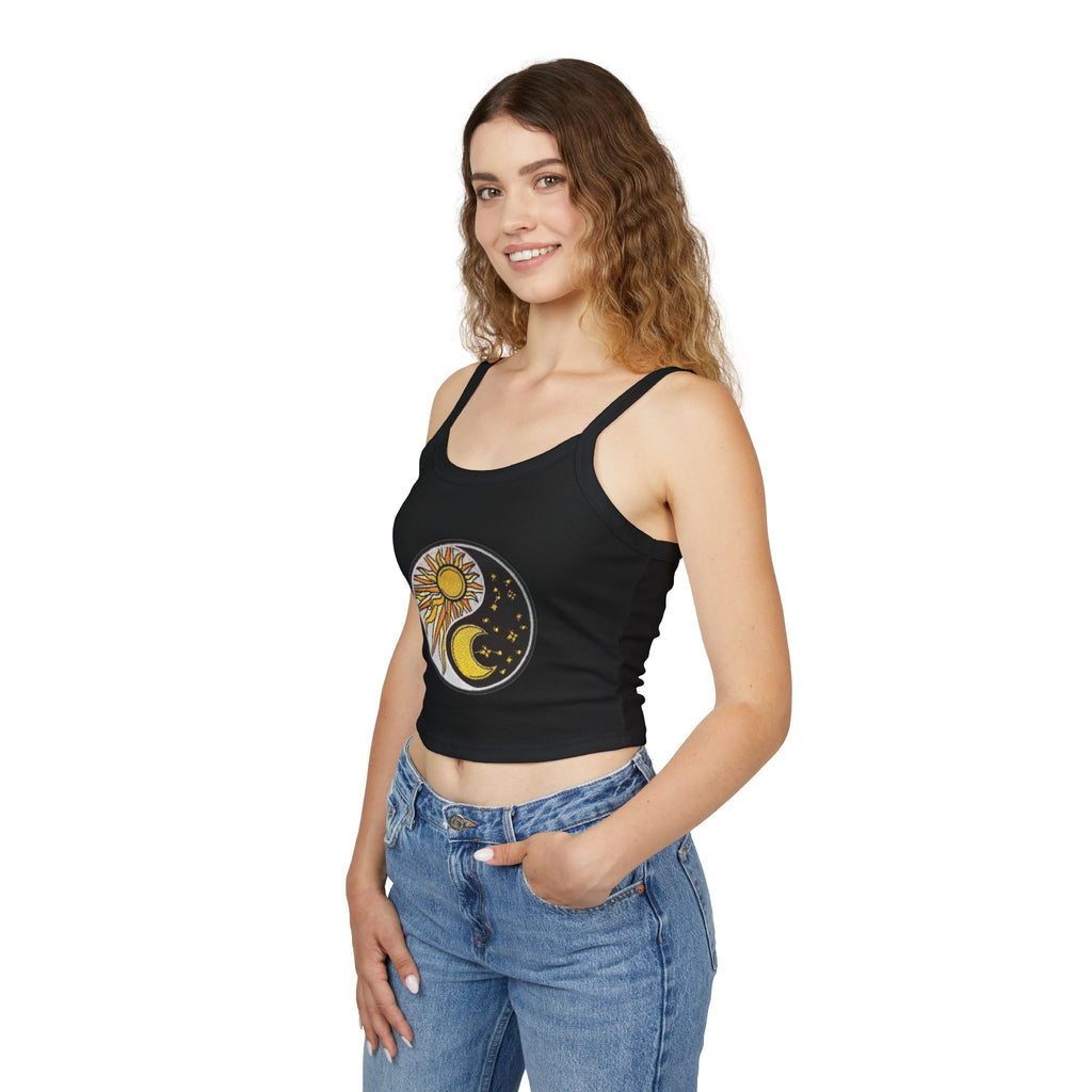 Sun & Moon Yin Yang Crop Tank — Women's Sunflower Celestial Spaghetti Strap Top