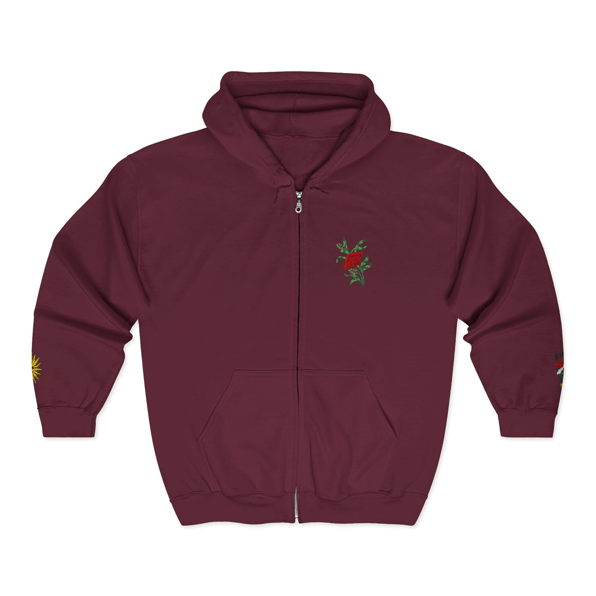Zip Hoodie with Small Rose & Sun Sleeve Embroidery — Minimal Floral Zip-Up