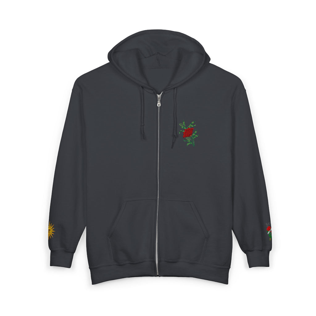 Zip Hoodie with Small Rose & Sun Sleeve Embroidery — Minimal Floral Zip-Up