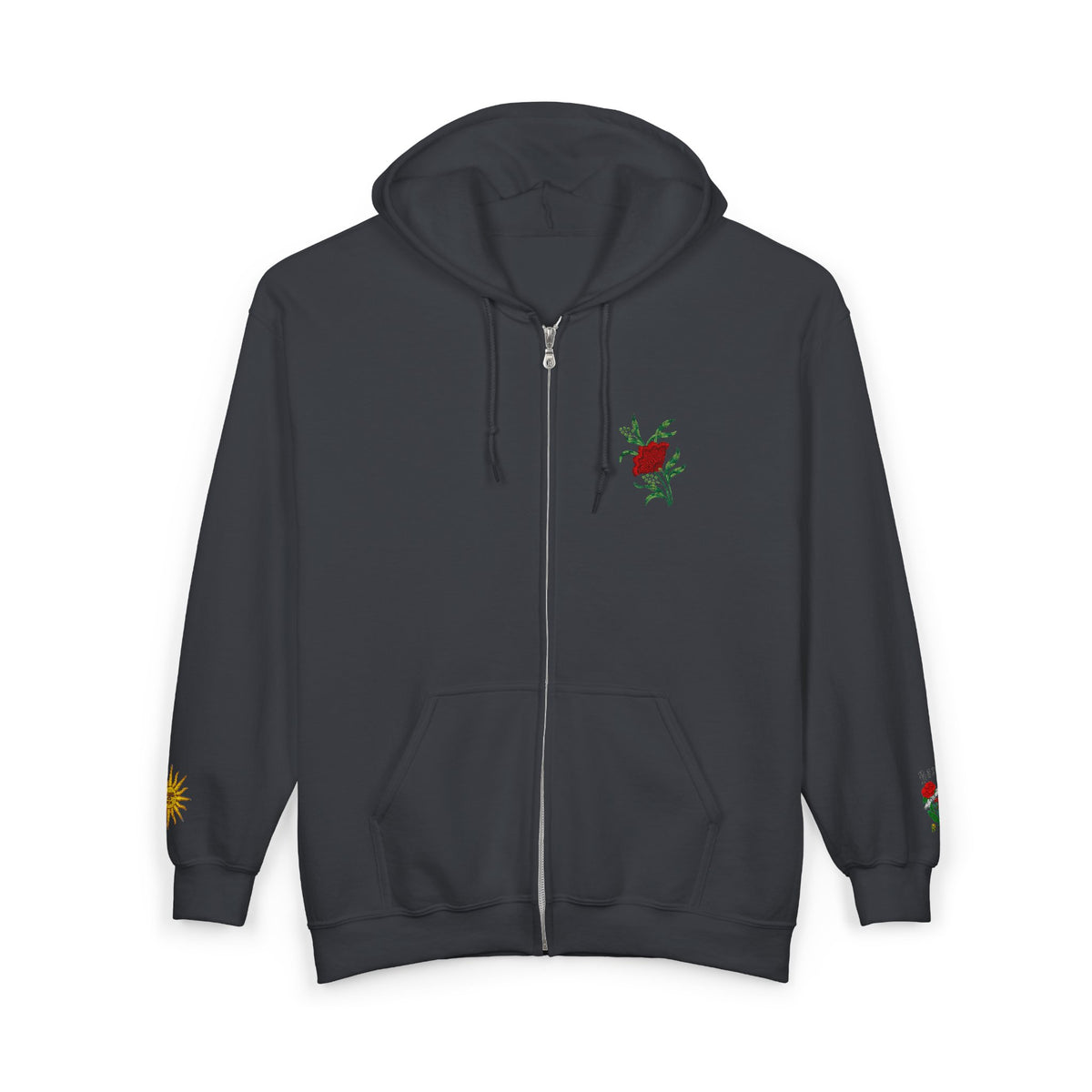 Zip Hoodie with Small Rose & Sun Sleeve Embroidery — Minimal Floral Zip-Up