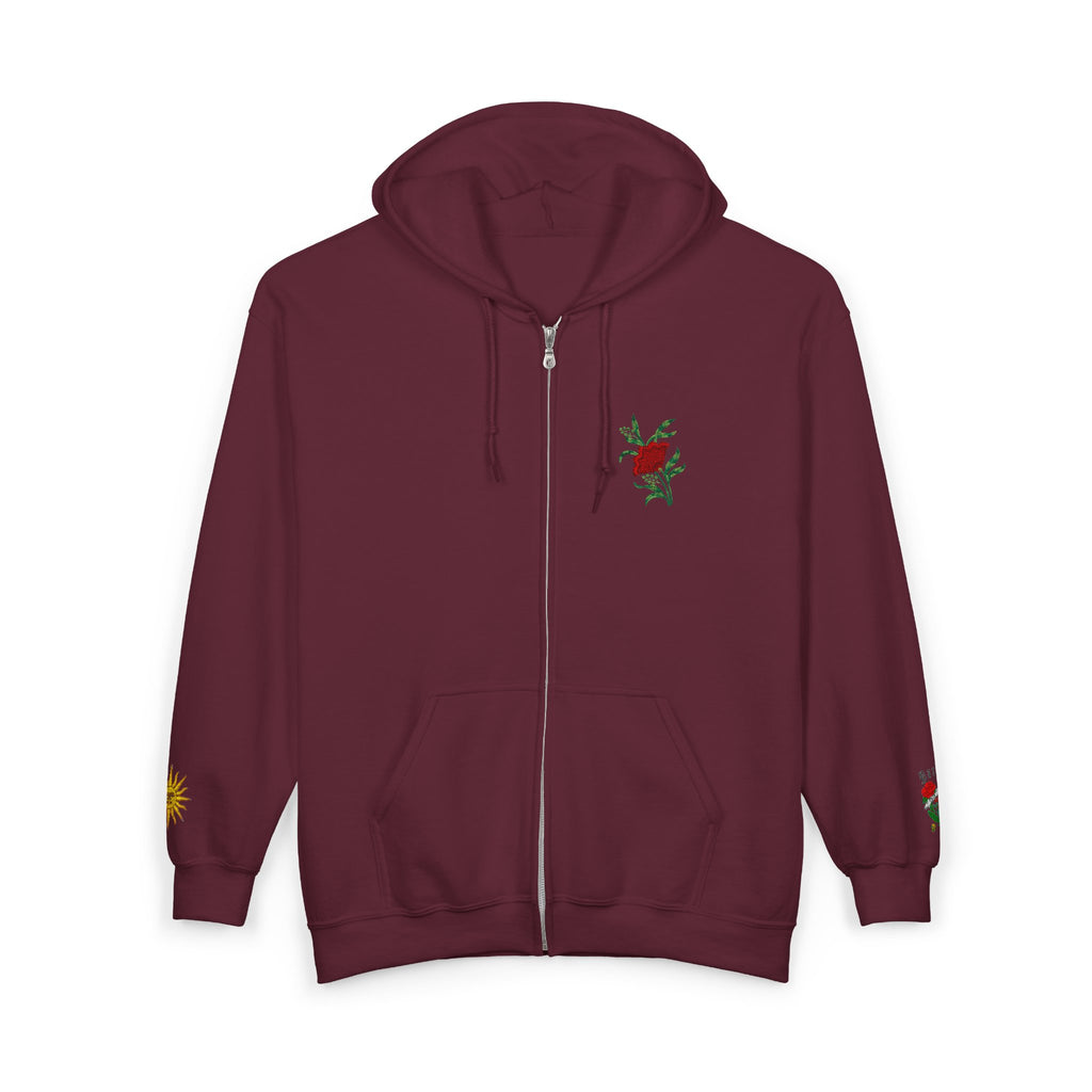 Zip Hoodie with Small Rose & Sun Sleeve Embroidery — Minimal Floral Zip-Up