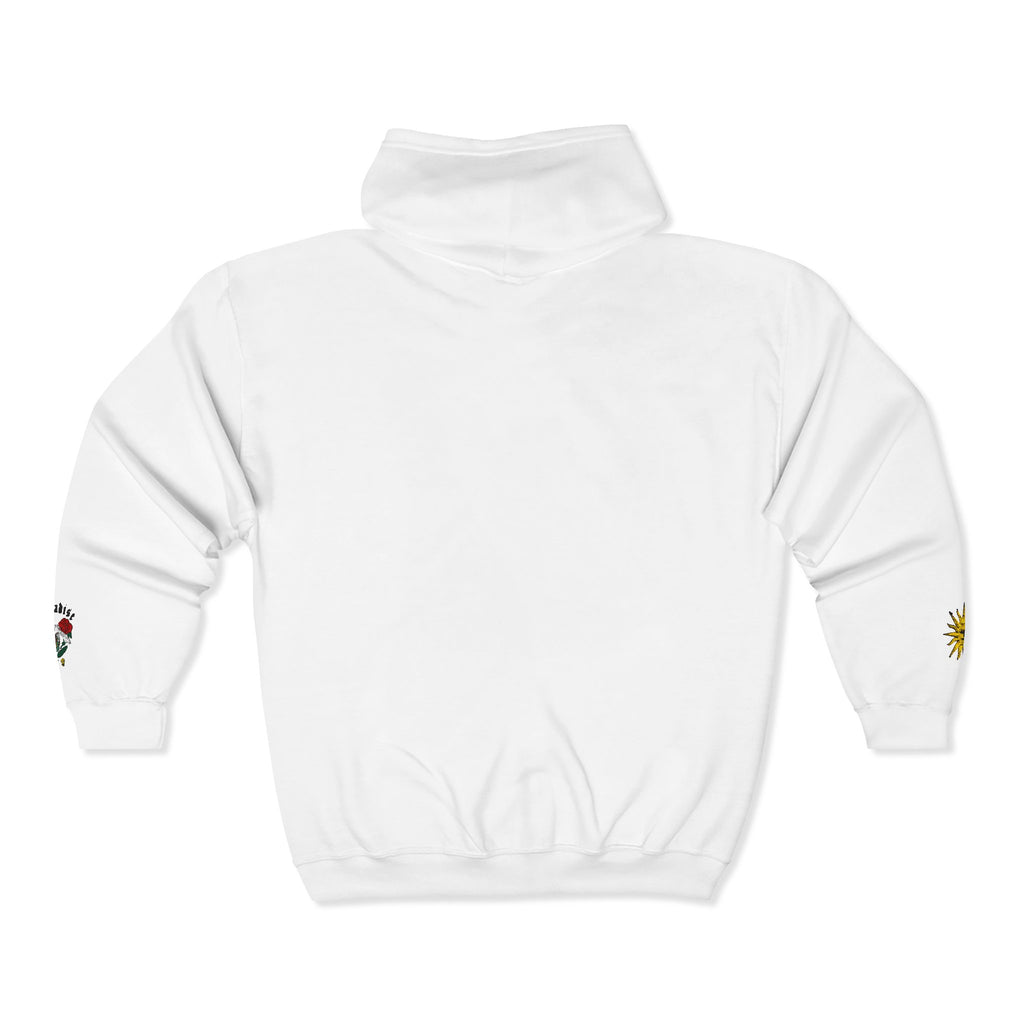 Zip Hoodie with Small Rose & Sun Sleeve Embroidery — Minimal Floral Zip-Up