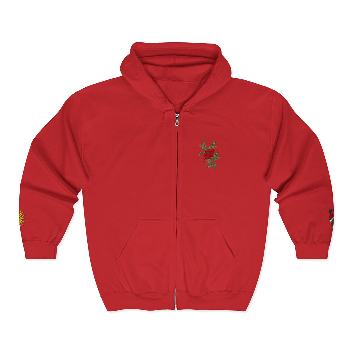 Zip Hoodie with Small Rose & Sun Sleeve Embroidery — Minimal Floral Zip-Up