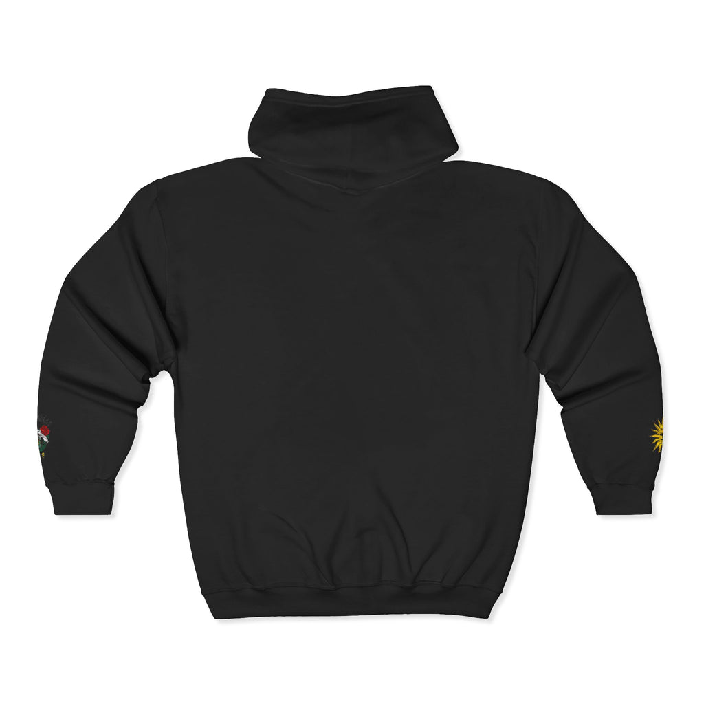 Zip Hoodie with Small Rose & Sun Sleeve Embroidery — Minimal Floral Zip-Up