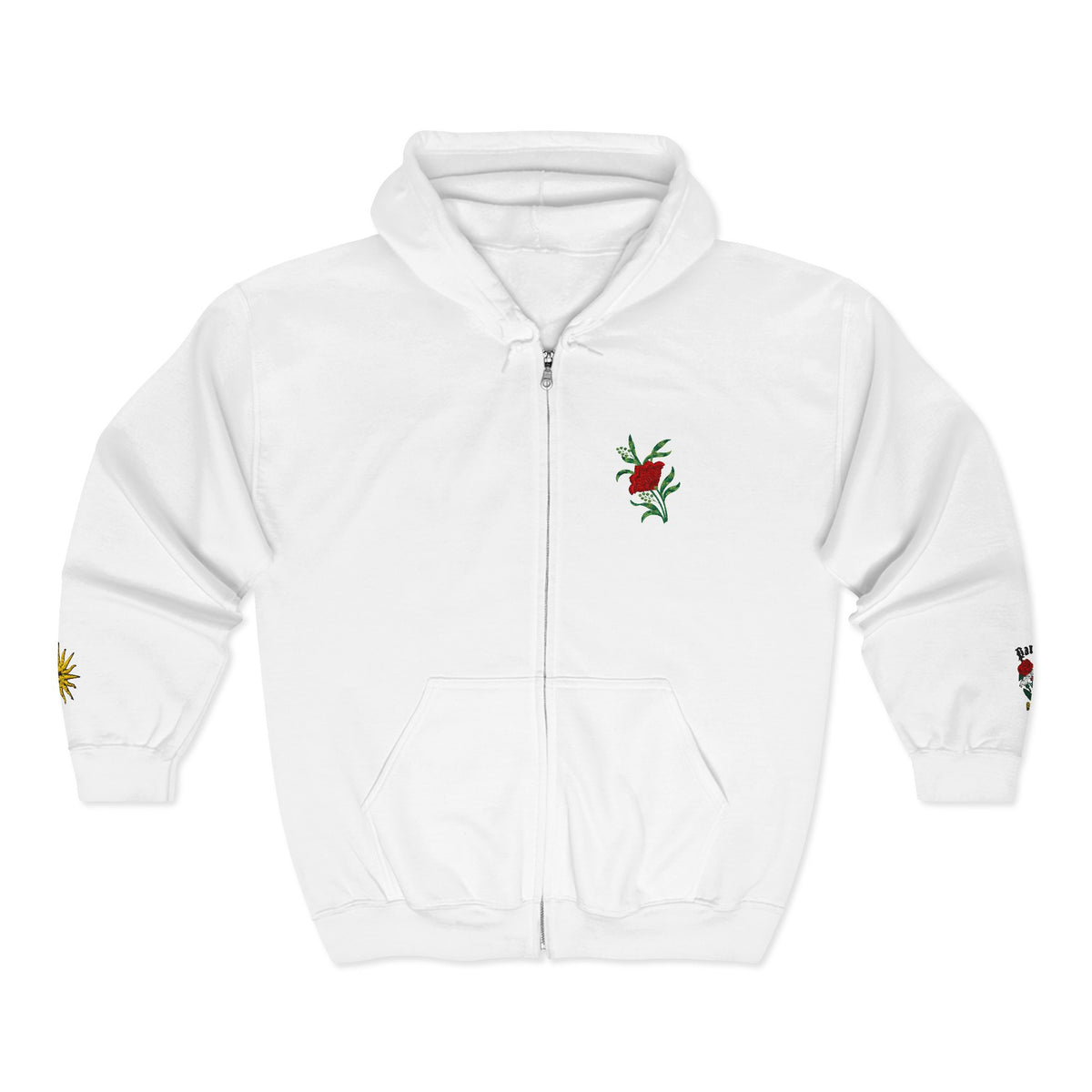 Zip Hoodie with Small Rose & Sun Sleeve Embroidery — Minimal Floral Zip-Up