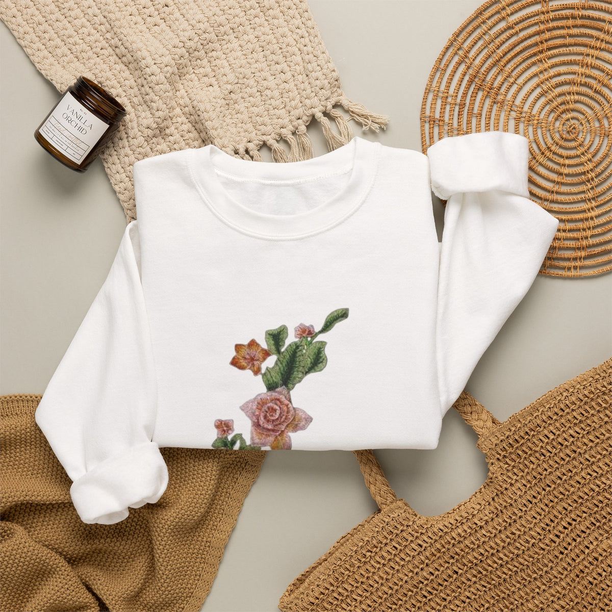 Sun & Rose Crewneck Sweatshirt — Vintage Sun Back Graphic with Floral Front
