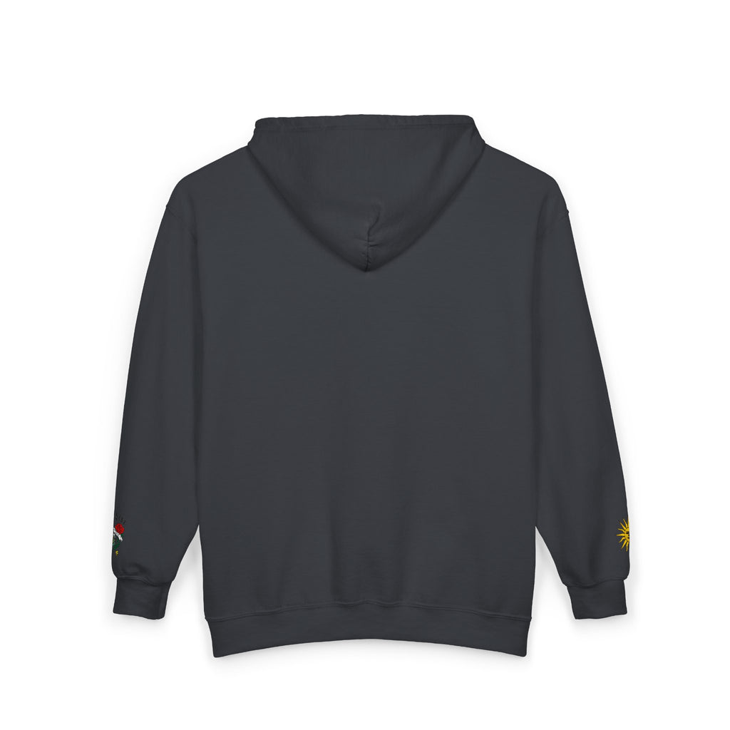 Zip Hoodie with Small Rose & Sun Sleeve Embroidery — Minimal Floral Zip-Up