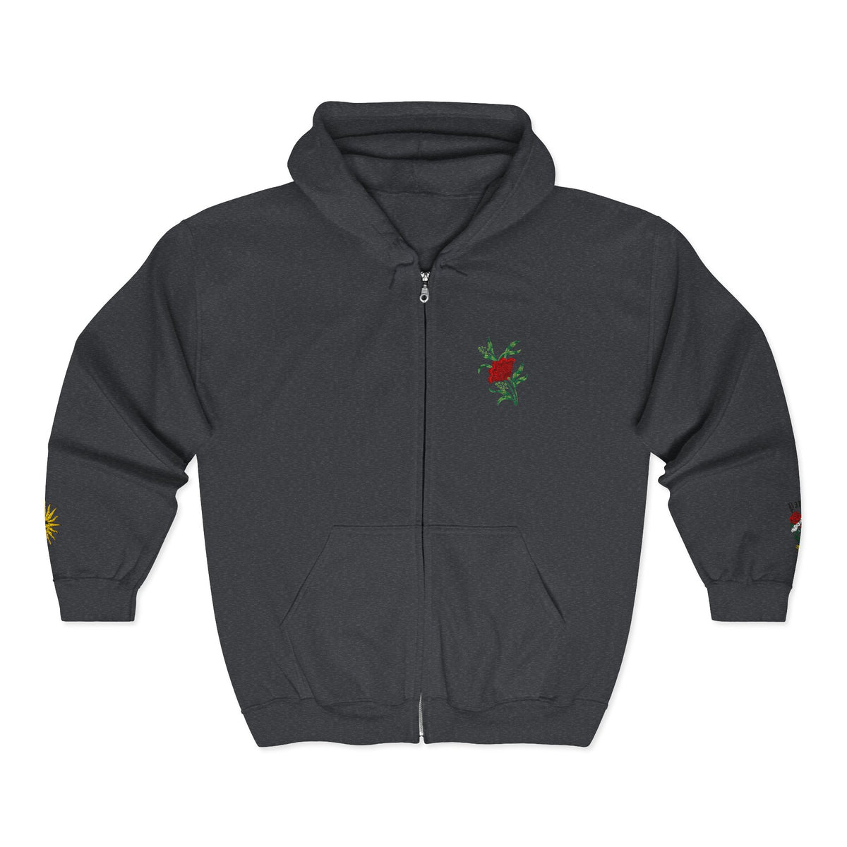 Zip Hoodie with Small Rose & Sun Sleeve Embroidery — Minimal Floral Zip-Up