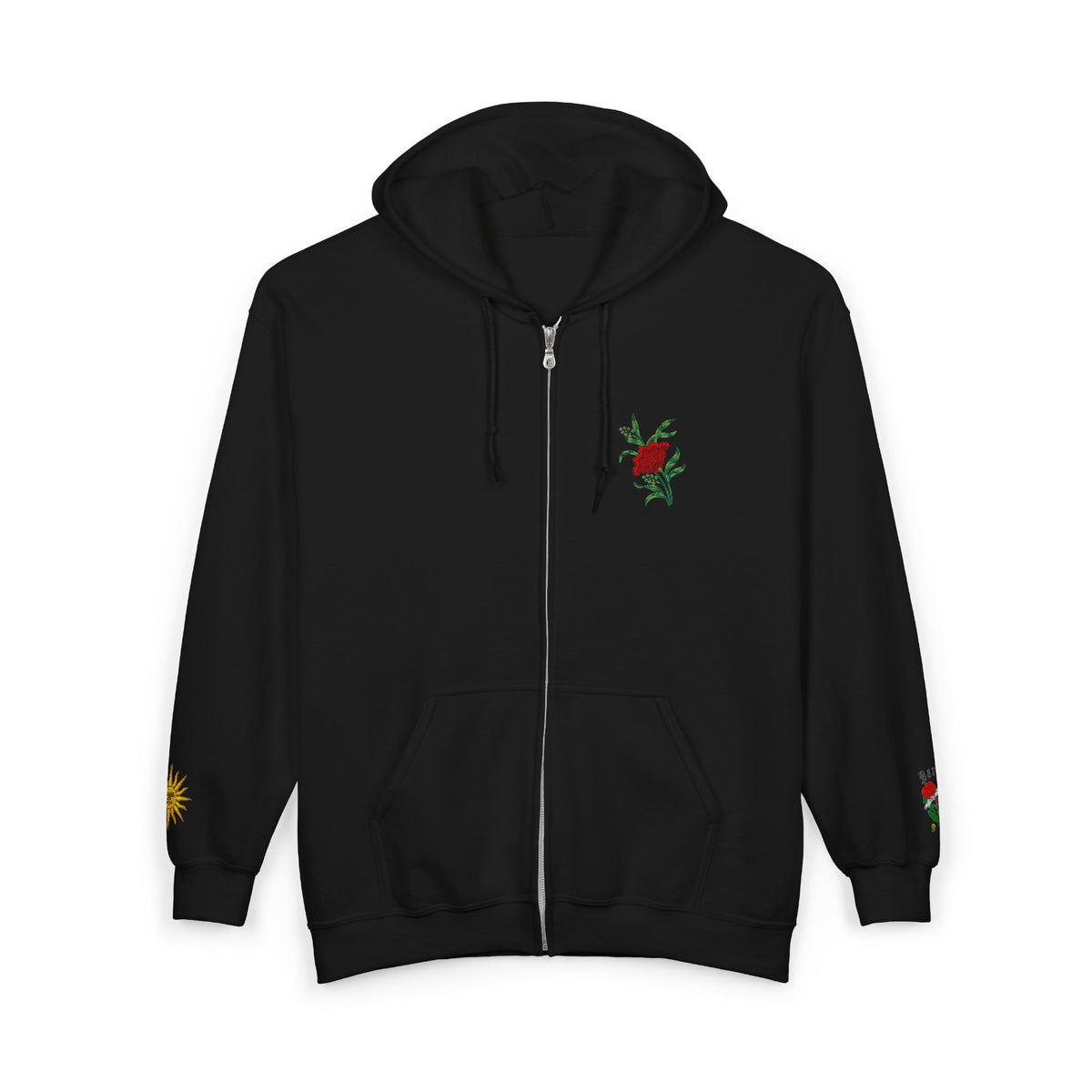 Zip Hoodie with Small Rose & Sun Sleeve Embroidery — Minimal Floral Zip-Up