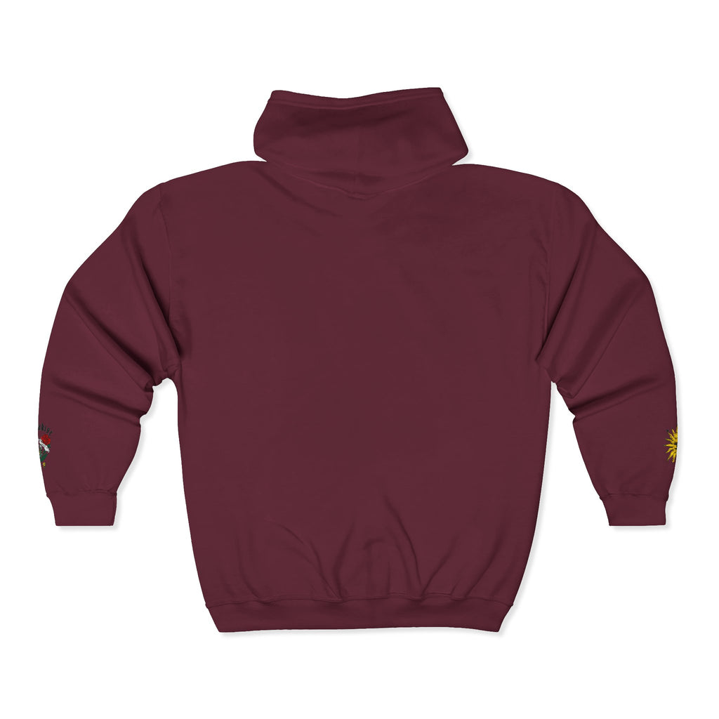 Zip Hoodie with Small Rose & Sun Sleeve Embroidery — Minimal Floral Zip-Up