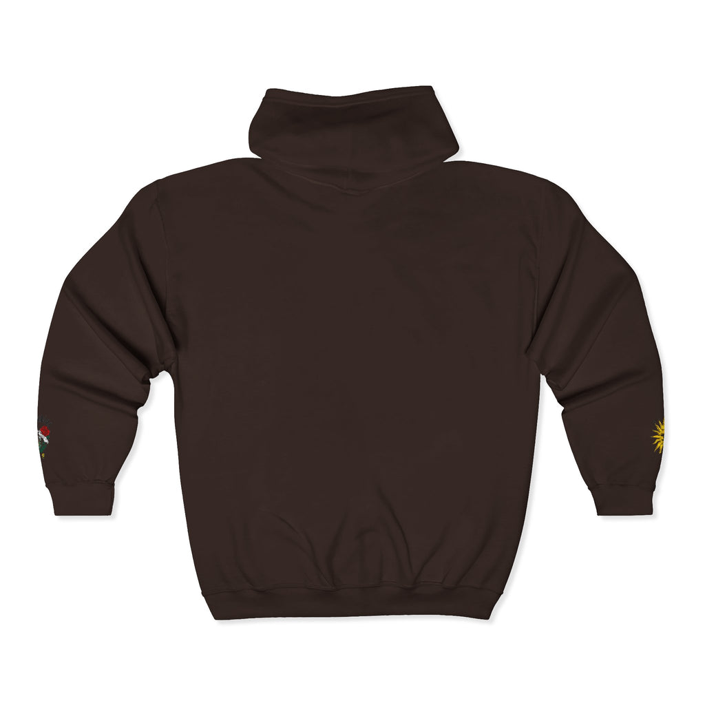 Zip Hoodie with Small Rose & Sun Sleeve Embroidery — Minimal Floral Zip-Up